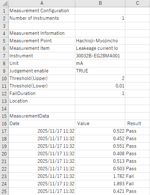 測定結果のCSVファイル保存